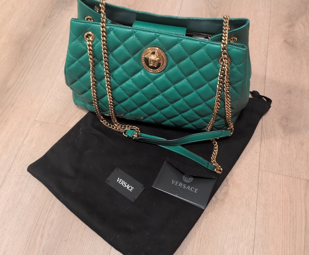 Versace Quilted Emerald Green Leather Shoulder Bag with Gold Chain